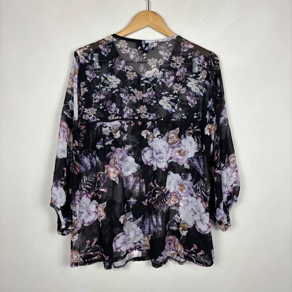 I Jeans by Buffalo Black Sheer Floral Blouse XL Bohemian Whimsigoth - Picture 9 of 13